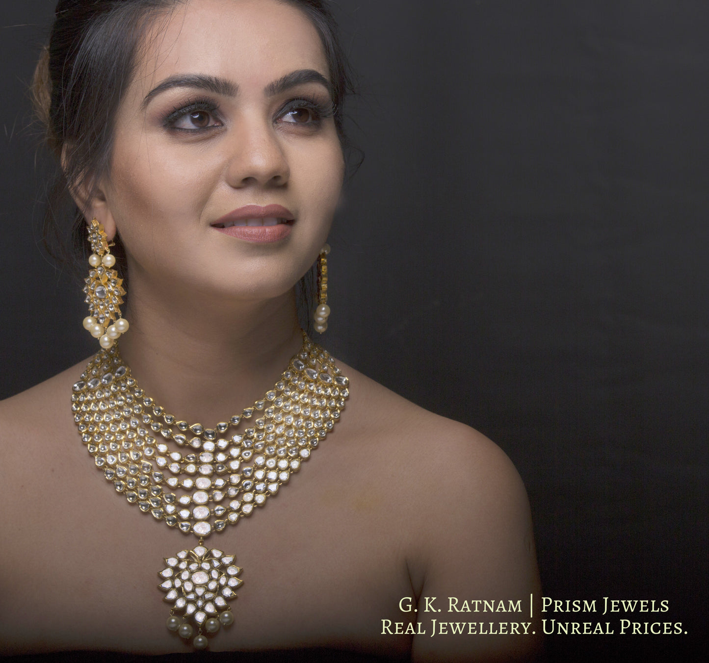 18k Gold and Diamond Polki eight-line Necklace Set with Syndicate Uncut Diamonds - G. K. Ratnam