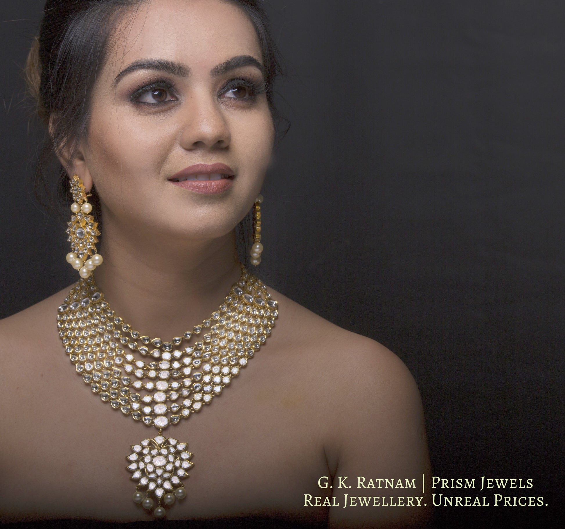 18k Gold and Diamond Polki eight-line Necklace Set with Syndicate Uncut Diamonds - G. K. Ratnam