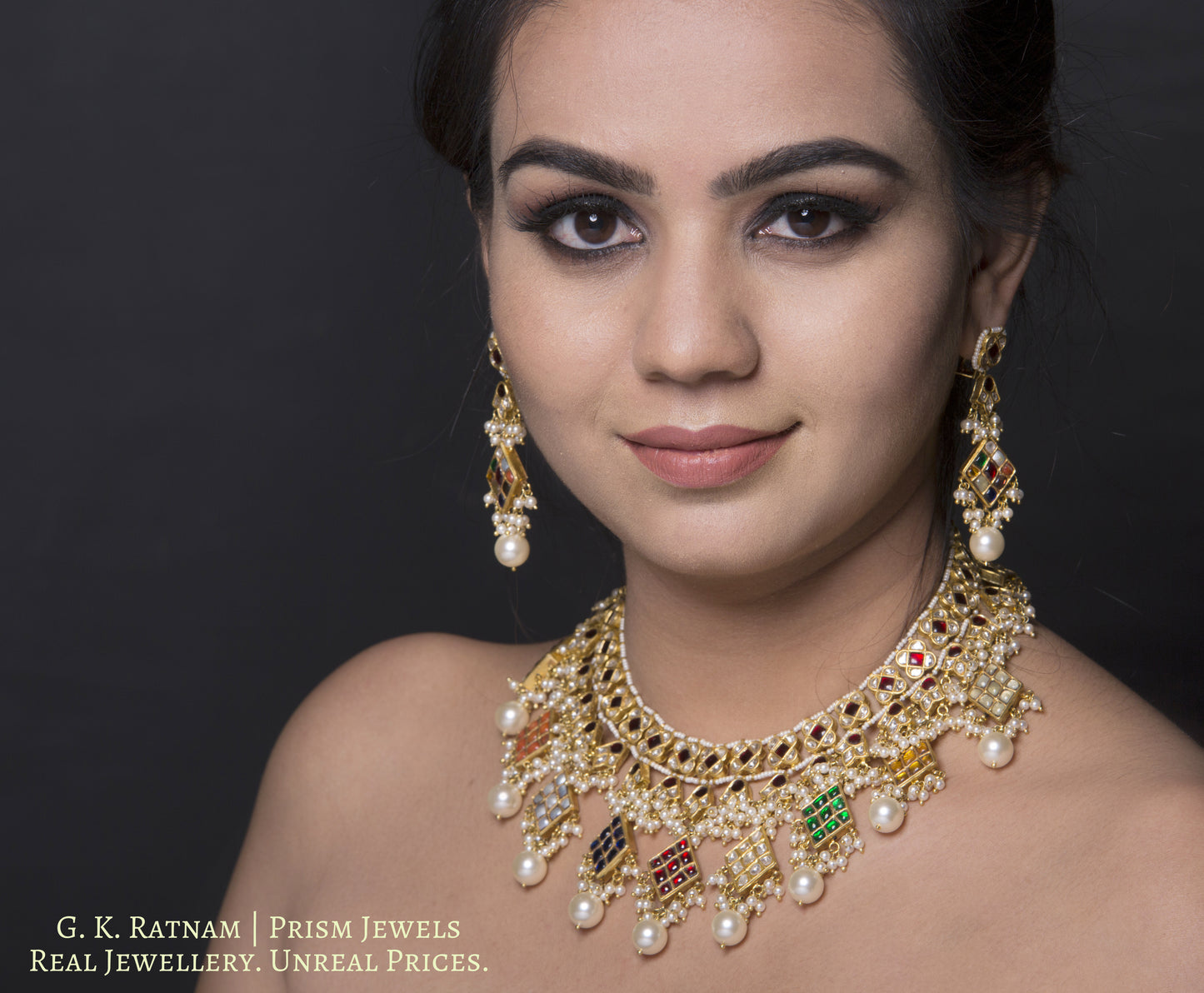 22k Gold and Diamond Polki Navratna Necklace Set with lustrous pearl clusters - gold diamond polki kundan meena jadau jewellery