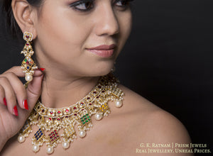 22k Gold and Diamond Polki Navratna Necklace Set with lustrous pearl clusters - gold diamond polki kundan meena jadau jewellery