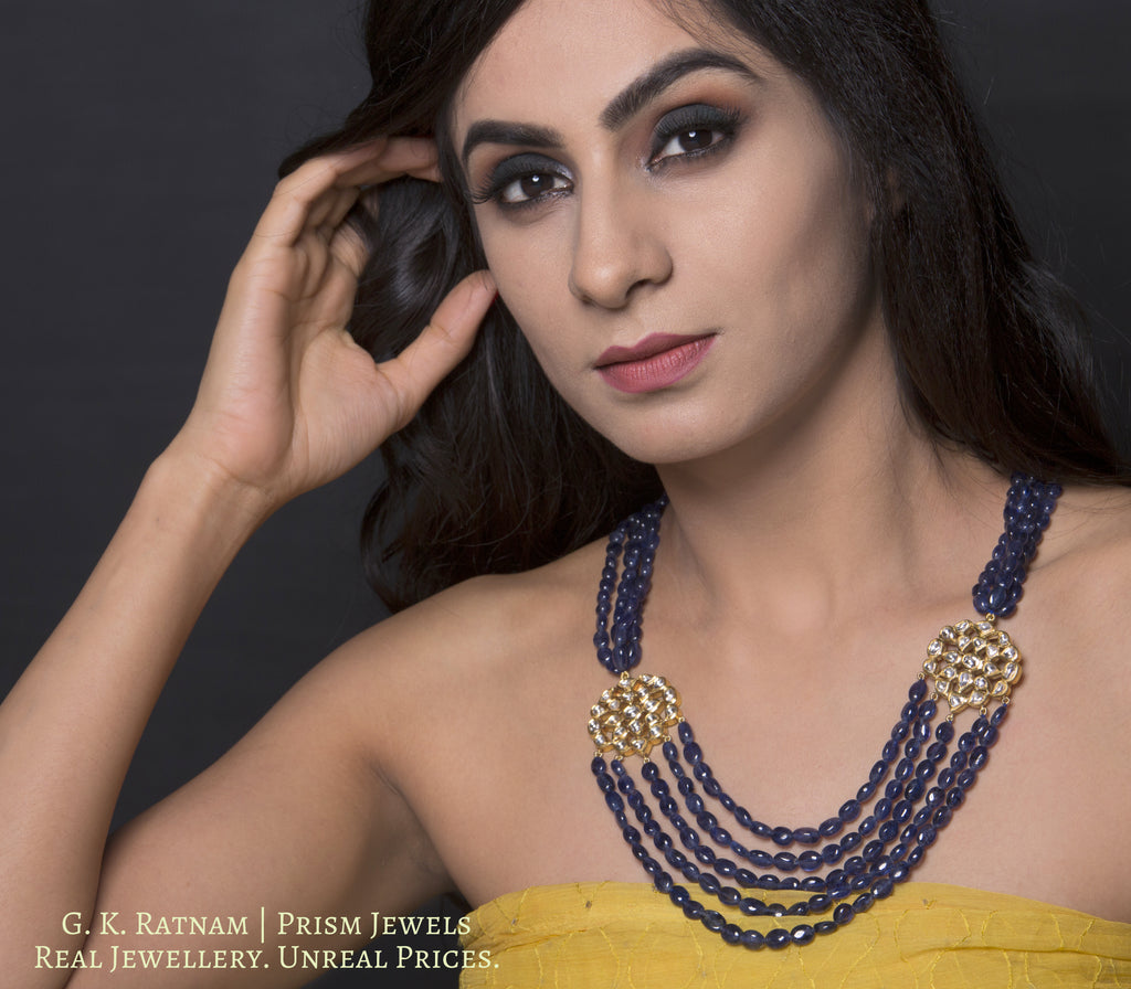 Traditional Gold and Diamond Polki Broach Necklace with Blue Sapphires - G. K. Ratnam