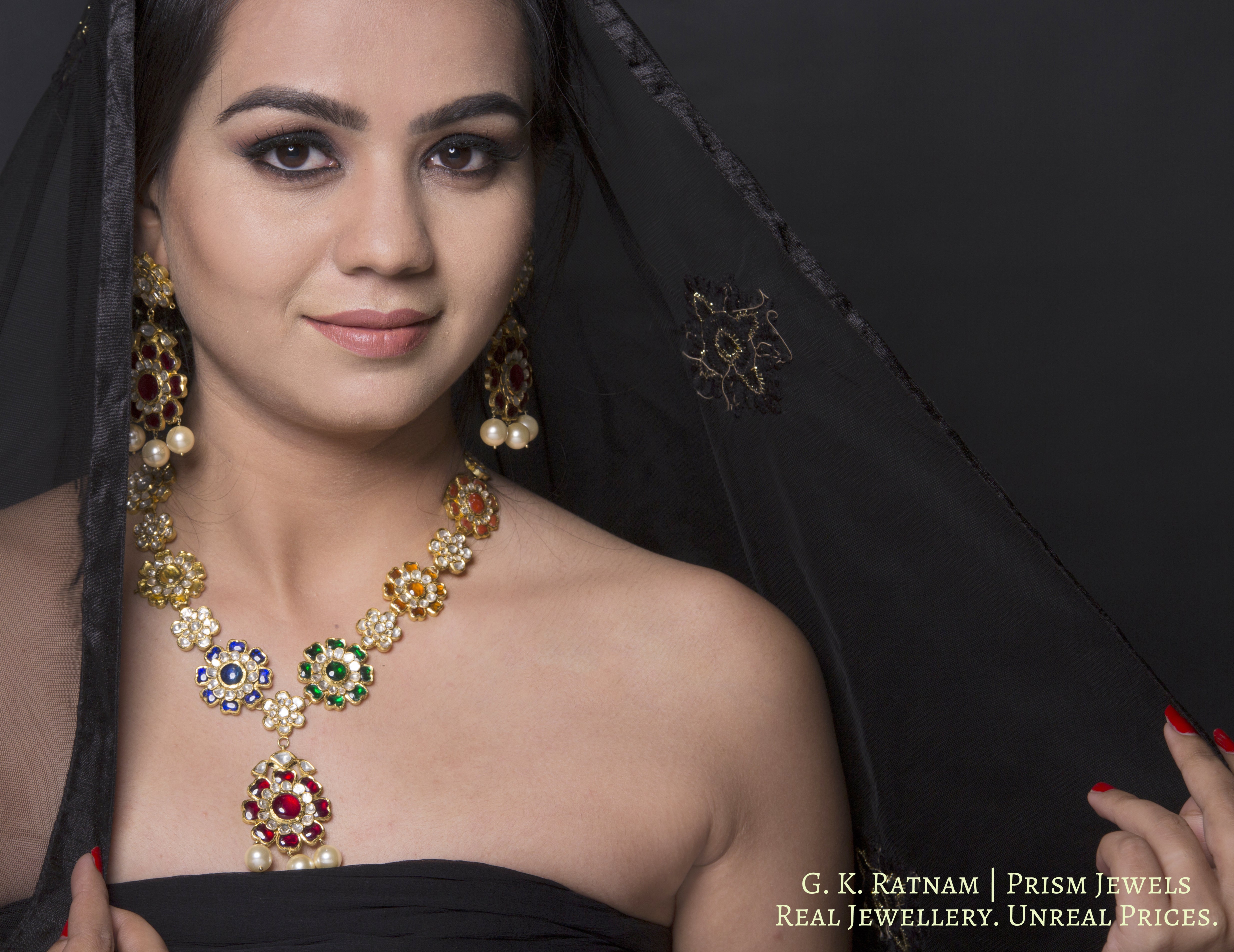 18k Gold and Diamond Polki Navratna Long Necklace Set with colorful flower-shaped tikdas - G. K. Ratnam