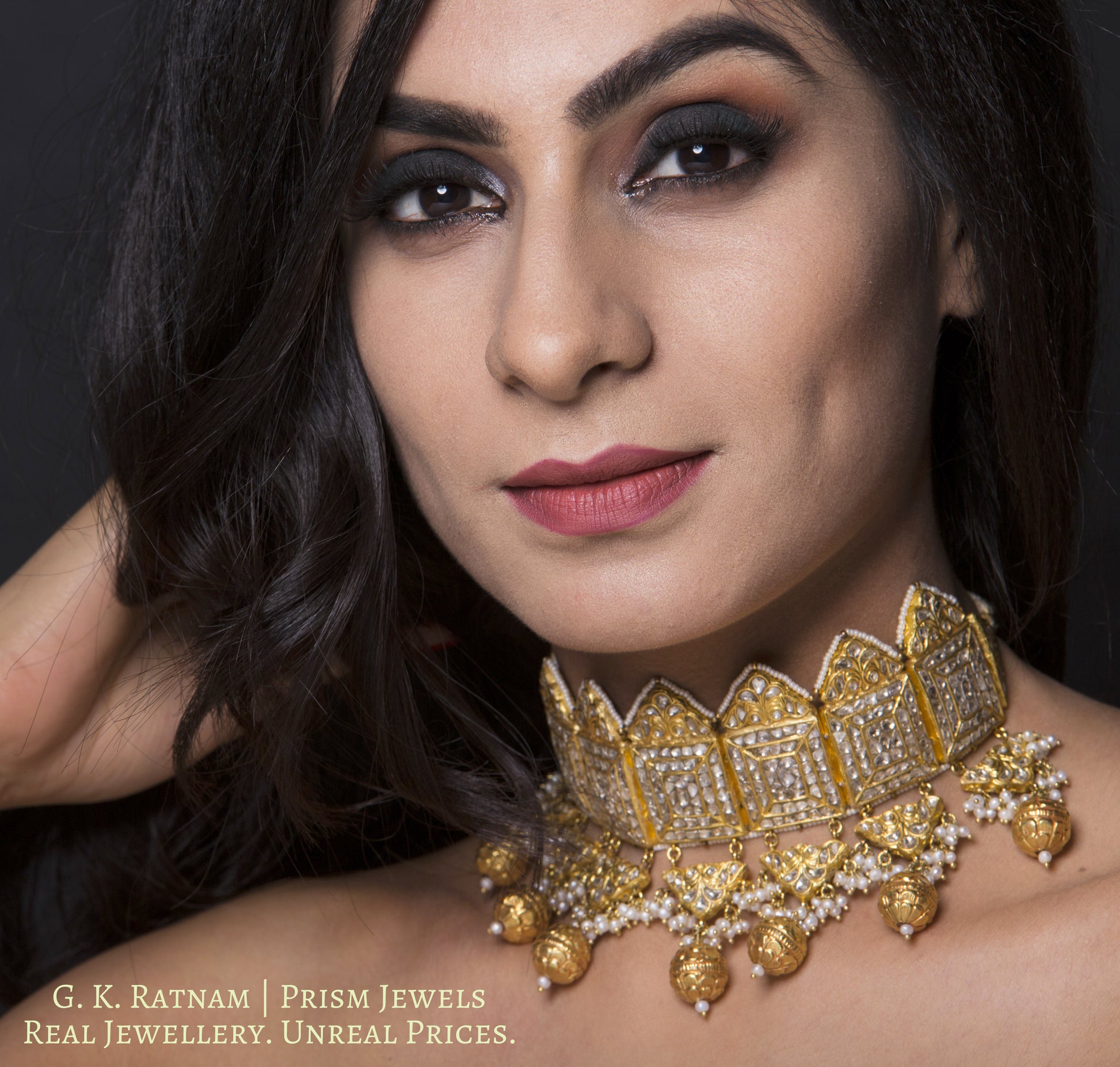 23k Gold and Diamond Polki Choker Necklace with natural freshwater pearls and hand-carved golden balls - gold diamond polki kundan meena jadau jewellery
