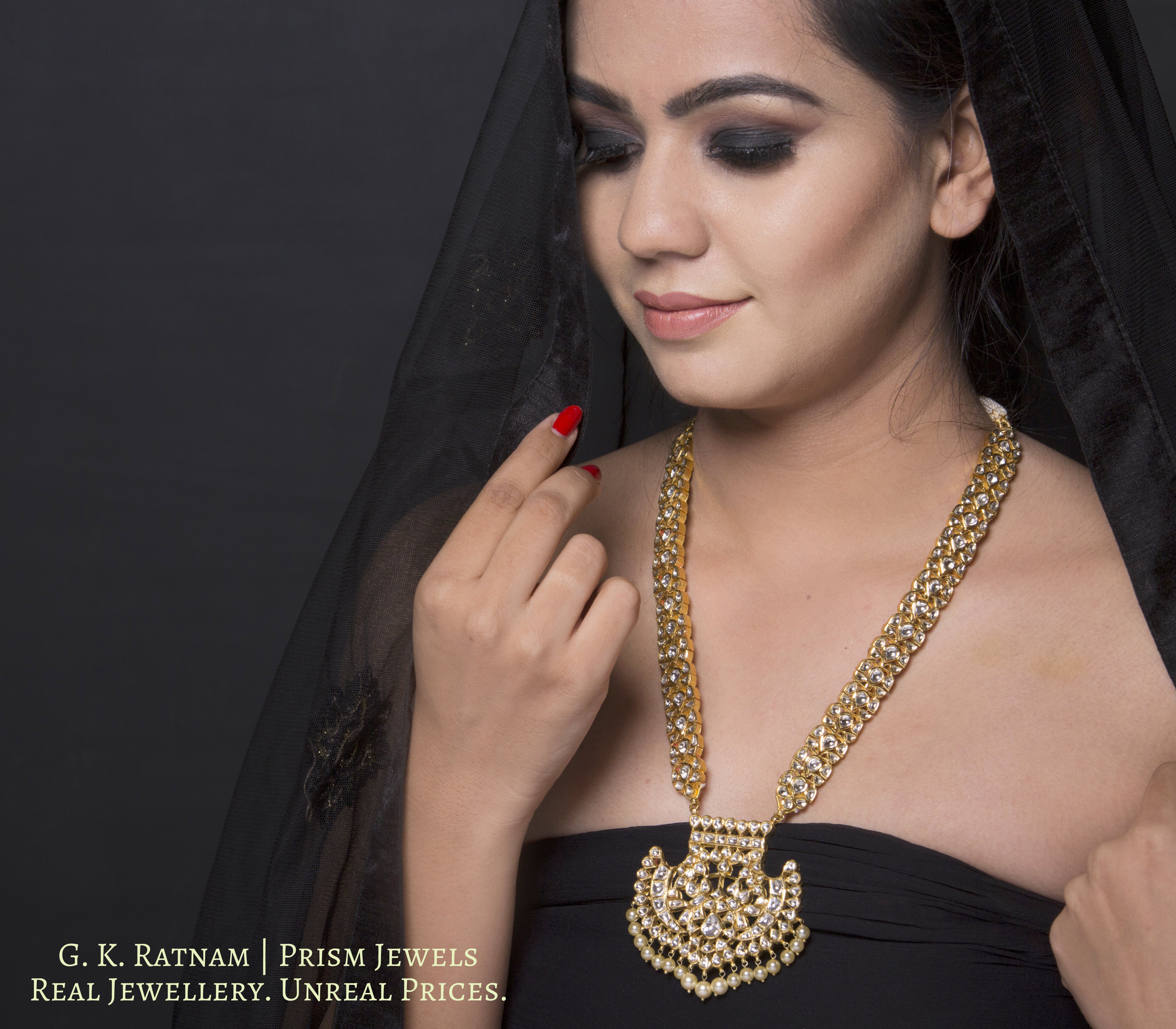 18k Gold and Diamond Polki Pankhi (fan) Necklace in Ranihaar / Patrihaar style - gold diamond polki kundan meena jadau jewellery
