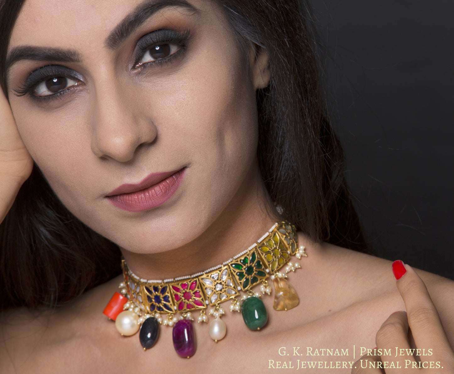 23k Gold and Diamond Polki Navratna Choker Necklace with navratan stringing - G. K. Ratnam