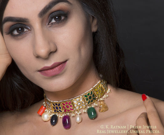 23k Gold and Diamond Polki Navratna Choker Necklace with navratan stringing - G. K. Ratnam