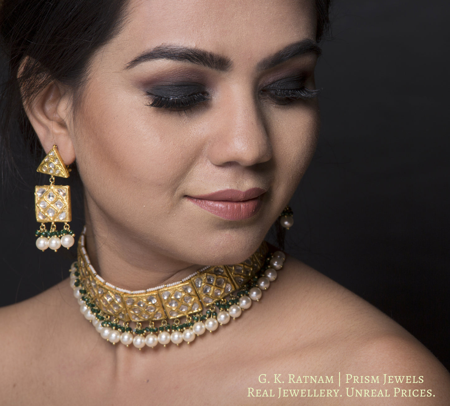 23k Gold and Diamond Polki Choker Necklace Set with intertwined lustrous uncut diamonds - gold diamond polki kundan meena jadau jewellery