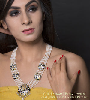 23k Gold and Diamond Polki Black Enamel Long Necklace with Natural Hyderabadi Pearls - gold diamond polki kundan meena jadau jewellery