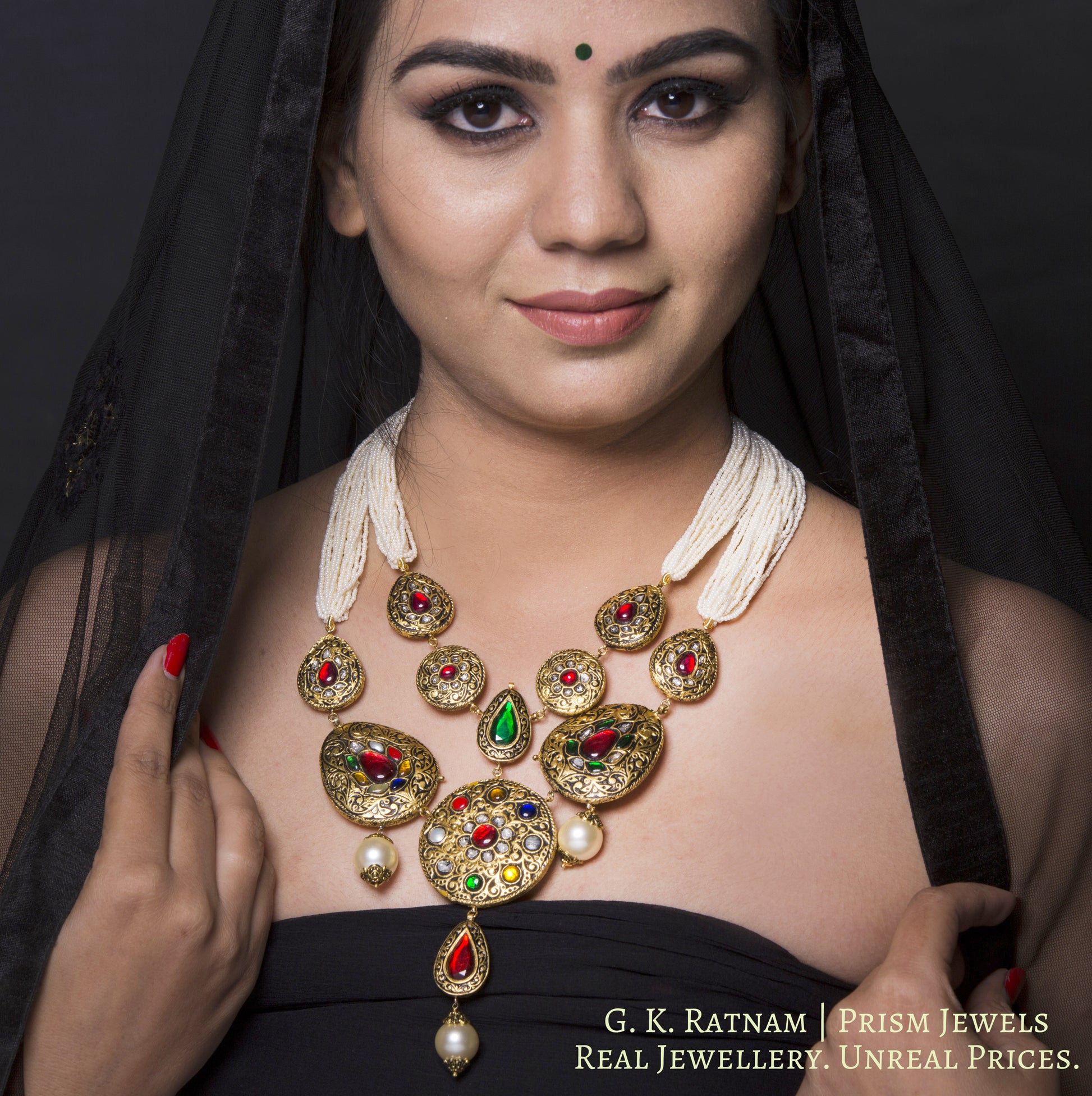 23k Gold and Diamond Polki hybrid Antique Navratna Necklace with tiny chid pearls - G. K. Ratnam