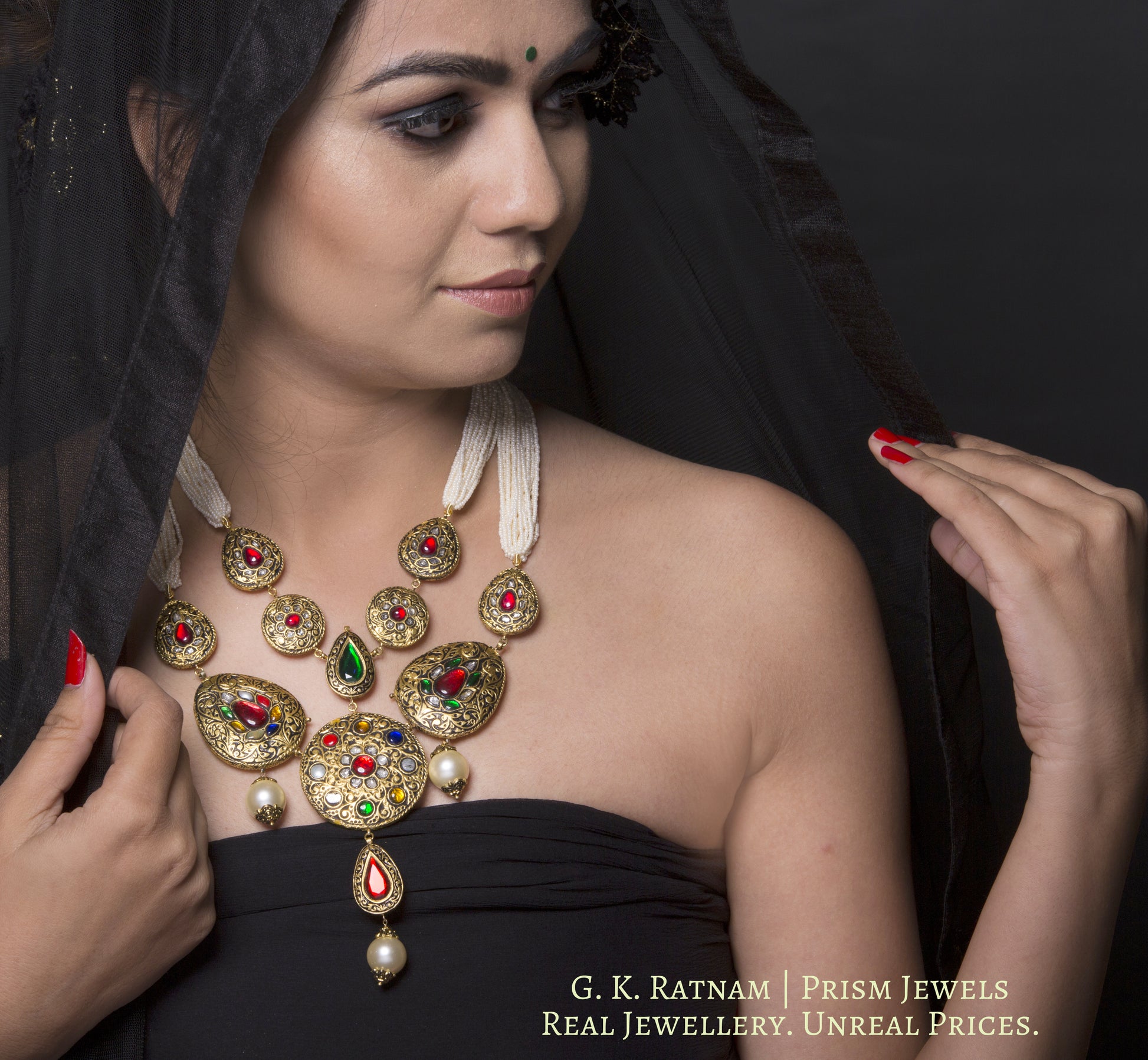 23k Gold and Diamond Polki hybrid Antique Navratna Necklace with tiny chid pearls - G. K. Ratnam