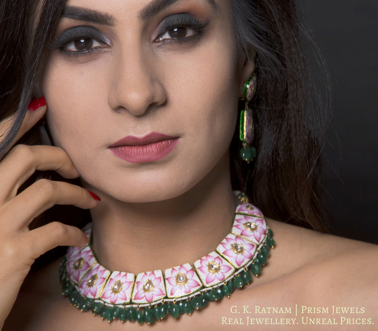 23k Gold and Diamond Polki Pink Enamel Necklace Set with Green Beryls - gold diamond polki kundan meena jadau jewellery