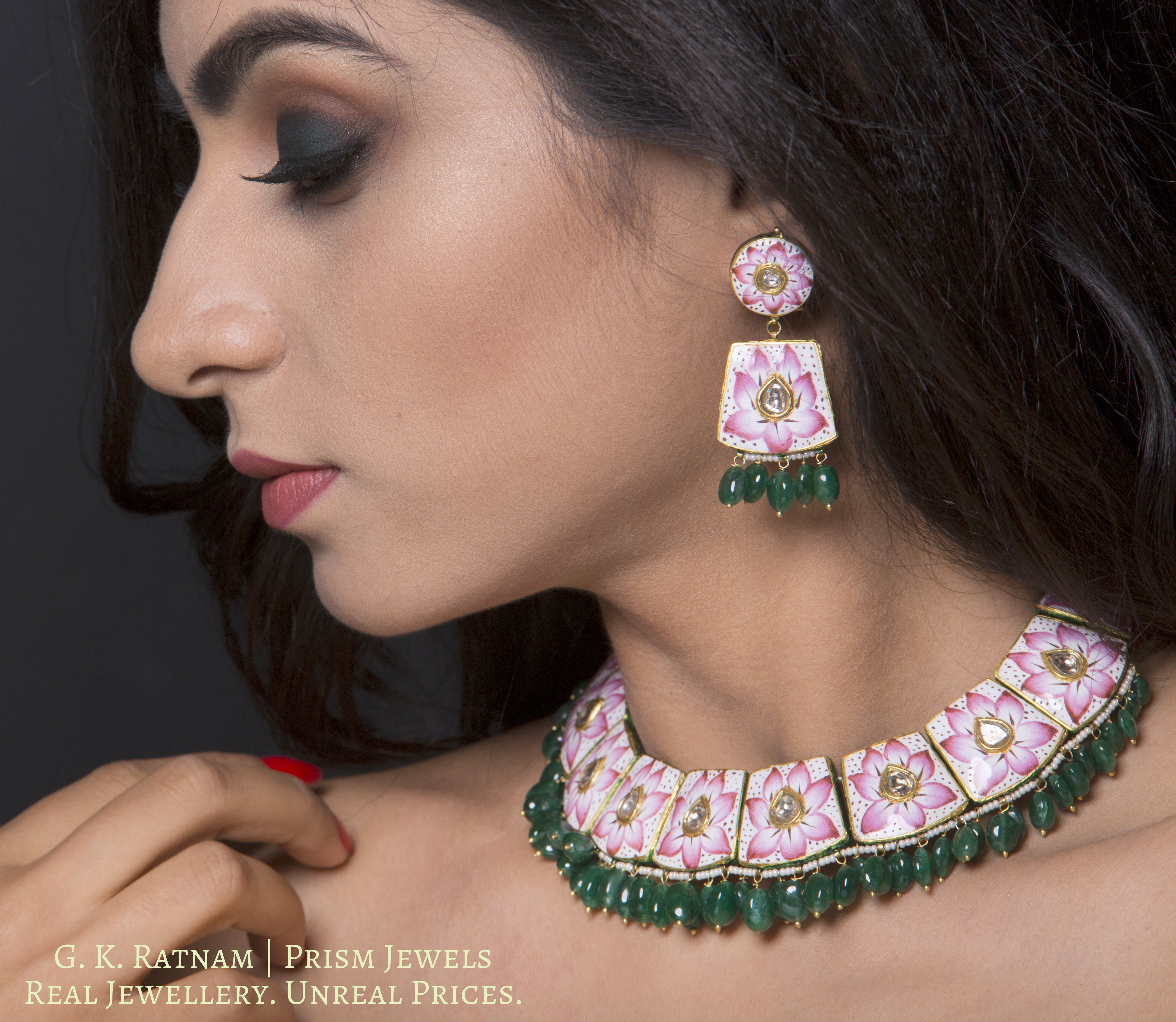 23k Gold and Diamond Polki Pink Enamel Necklace Set with Green Beryls - gold diamond polki kundan meena jadau jewellery