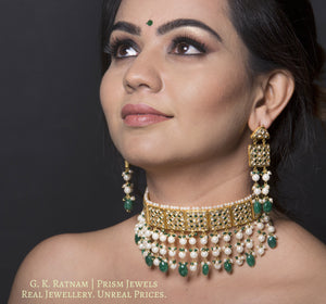 23k Gold and Diamond Polki Choker Necklace Set with emerald-green stones set with uncut diamonds - gold diamond polki kundan meena jadau jewellery