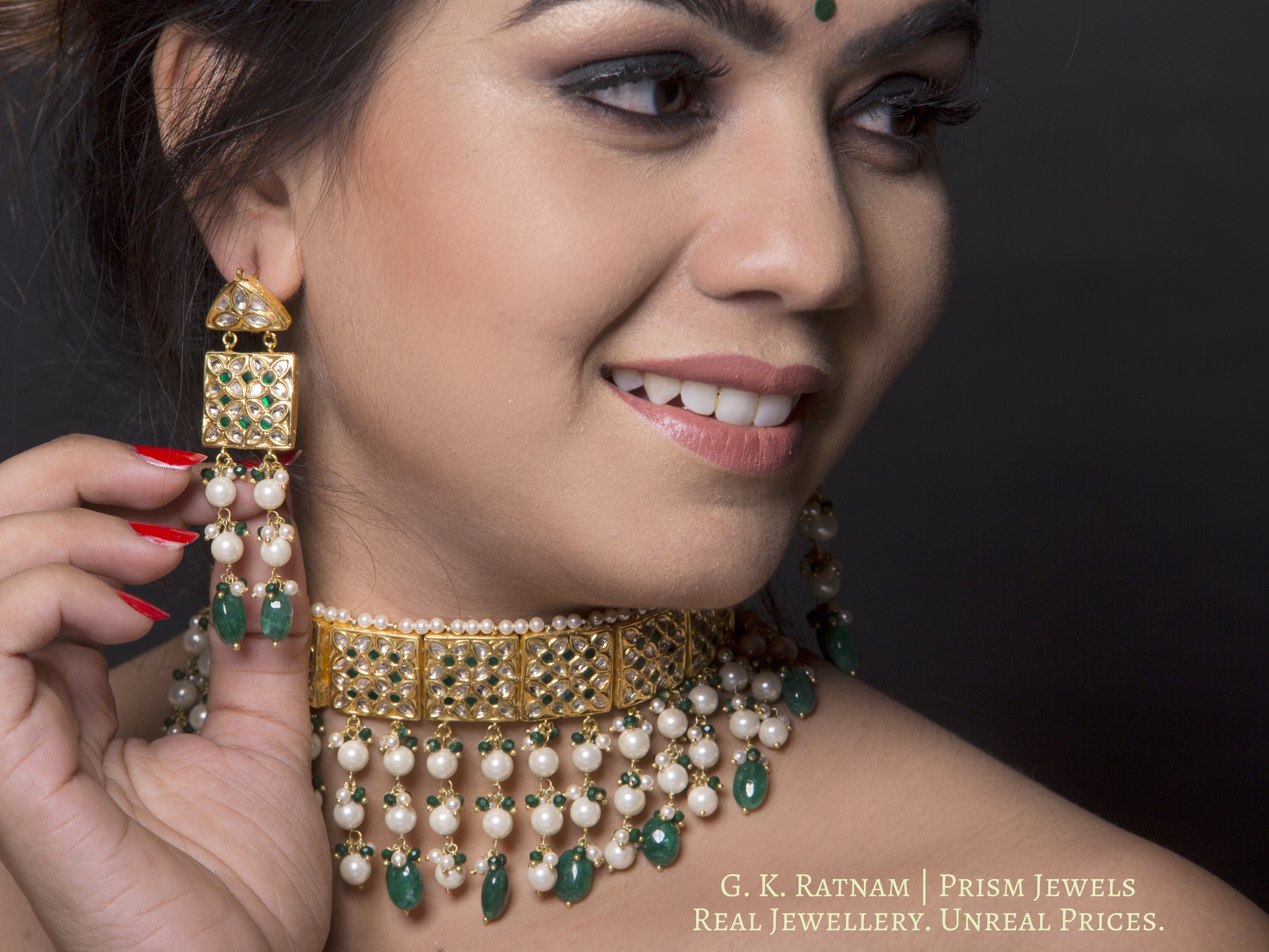 23k Gold and Diamond Polki Choker Necklace Set with emerald-green stones set with uncut diamonds - gold diamond polki kundan meena jadau jewellery