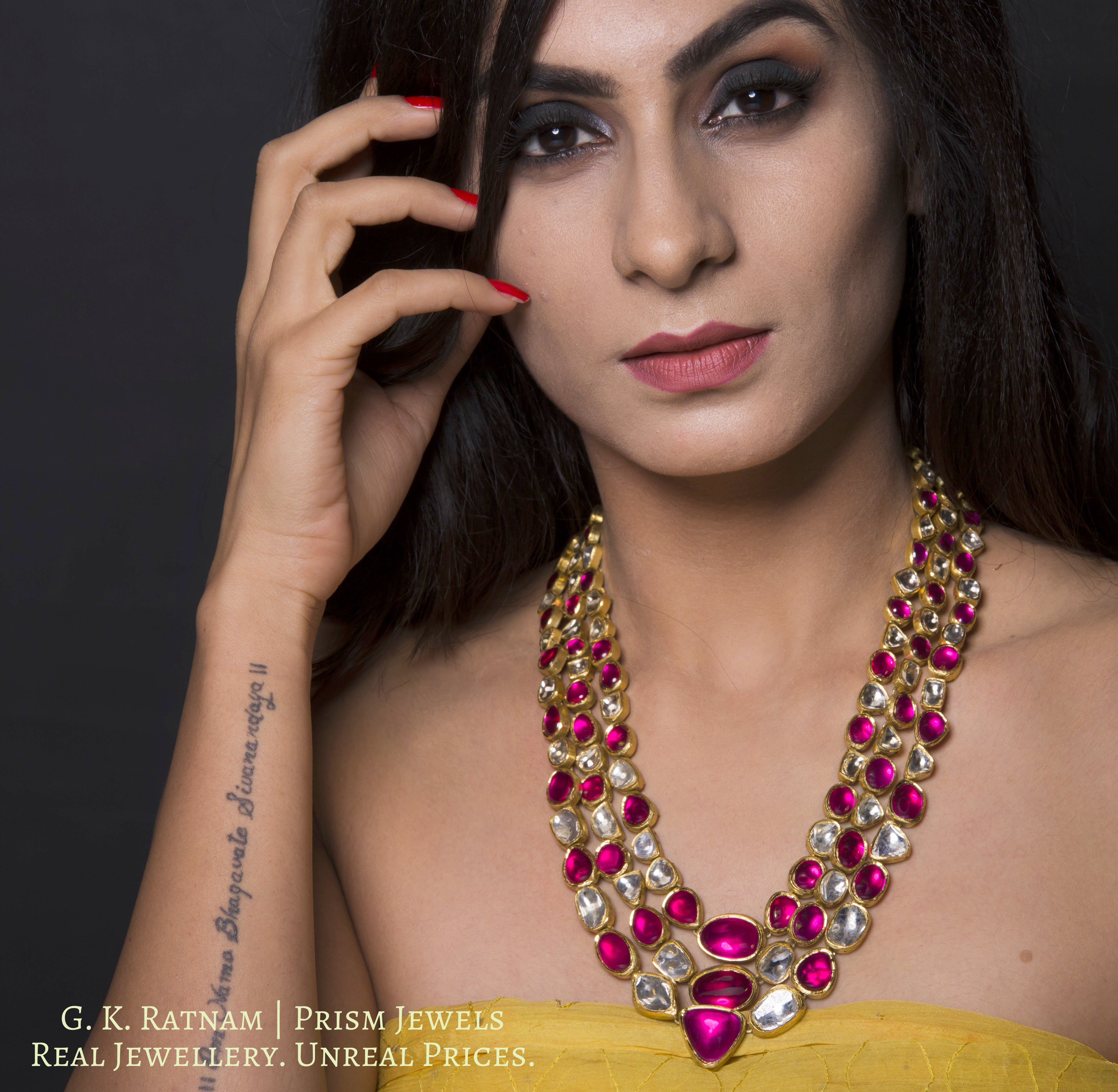 18k Gold and Diamond Polki three-row Necklace with natural rubies and big uncuts - gold diamond polki kundan meena jadau jewellery
