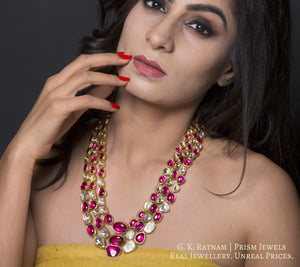 18k Gold and Diamond Polki three-row Necklace with natural rubies and big uncuts - gold diamond polki kundan meena jadau jewellery