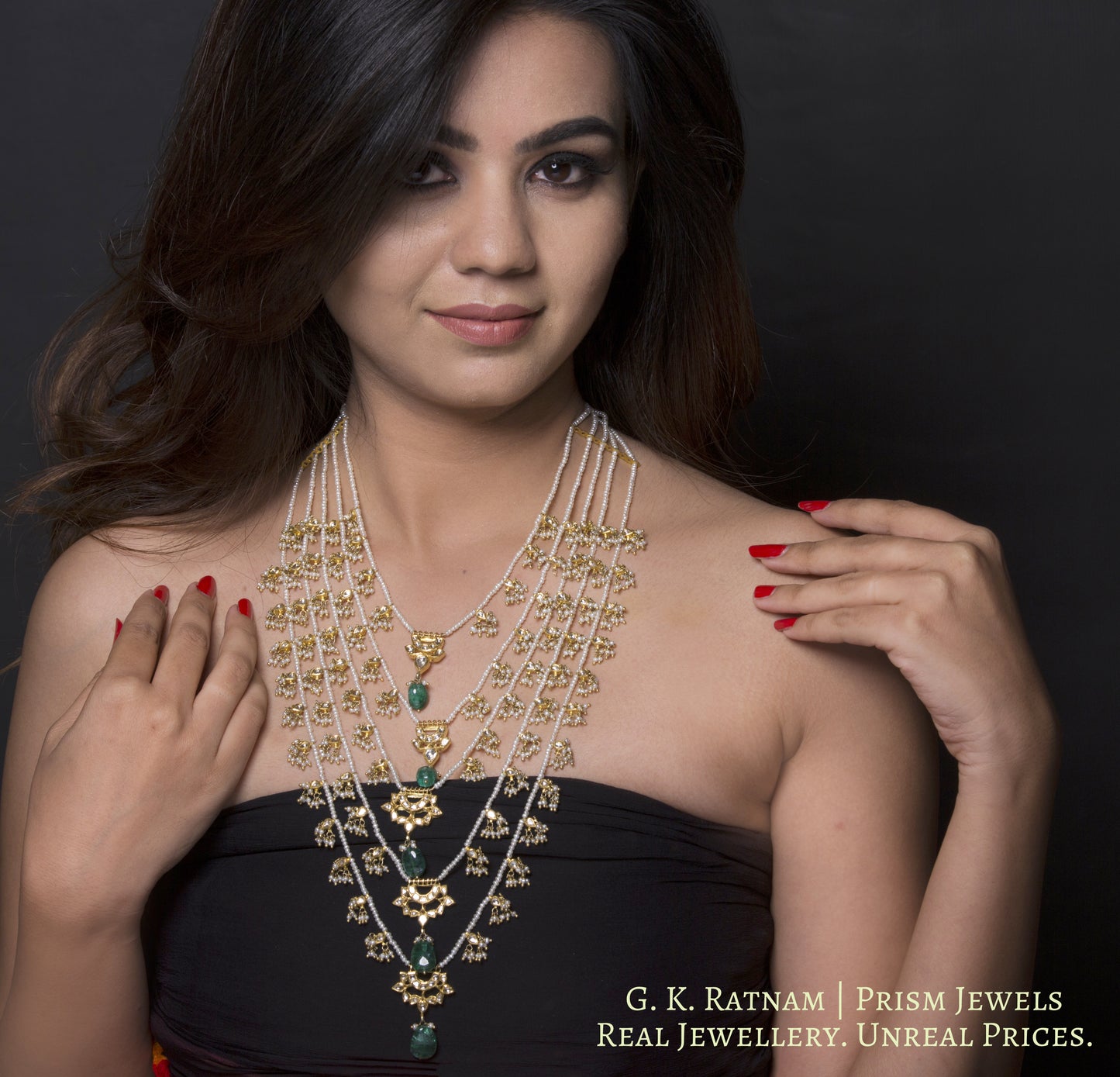 18k Gold and Diamond Polki panch-lad (five-row) Necklace with Natural Freshwater Pearls - gold diamond polki kundan meena jadau jewellery