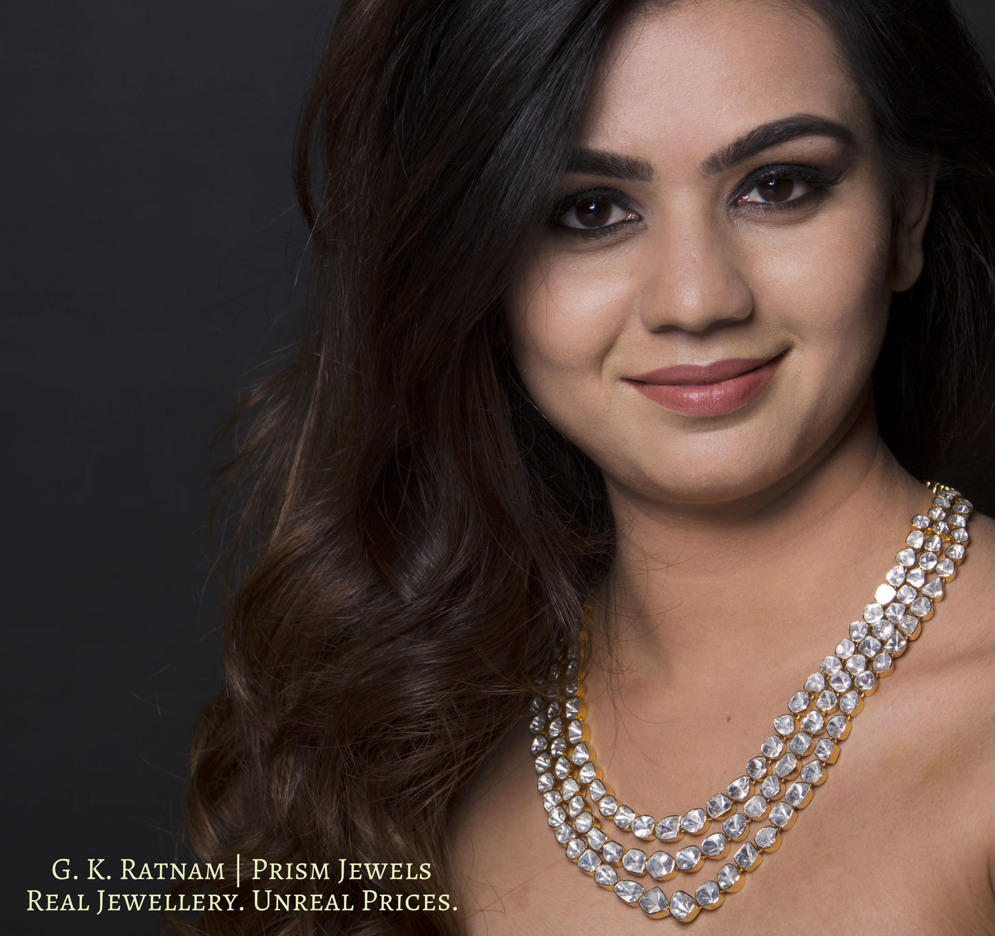 14k Gold and Diamond Polki Open Setting three-line Necklace - gold diamond polki kundan meena jadau jewellery