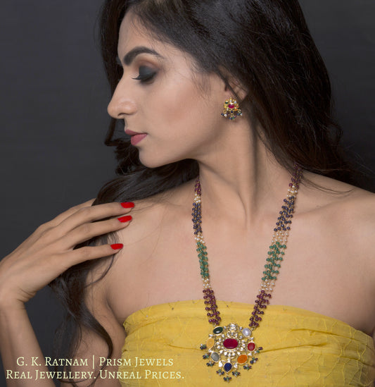 Traditional Gold and Diamond Polki Navratna Pendant Set with multi-color chains - gold diamond polki kundan meena jadau jewellery