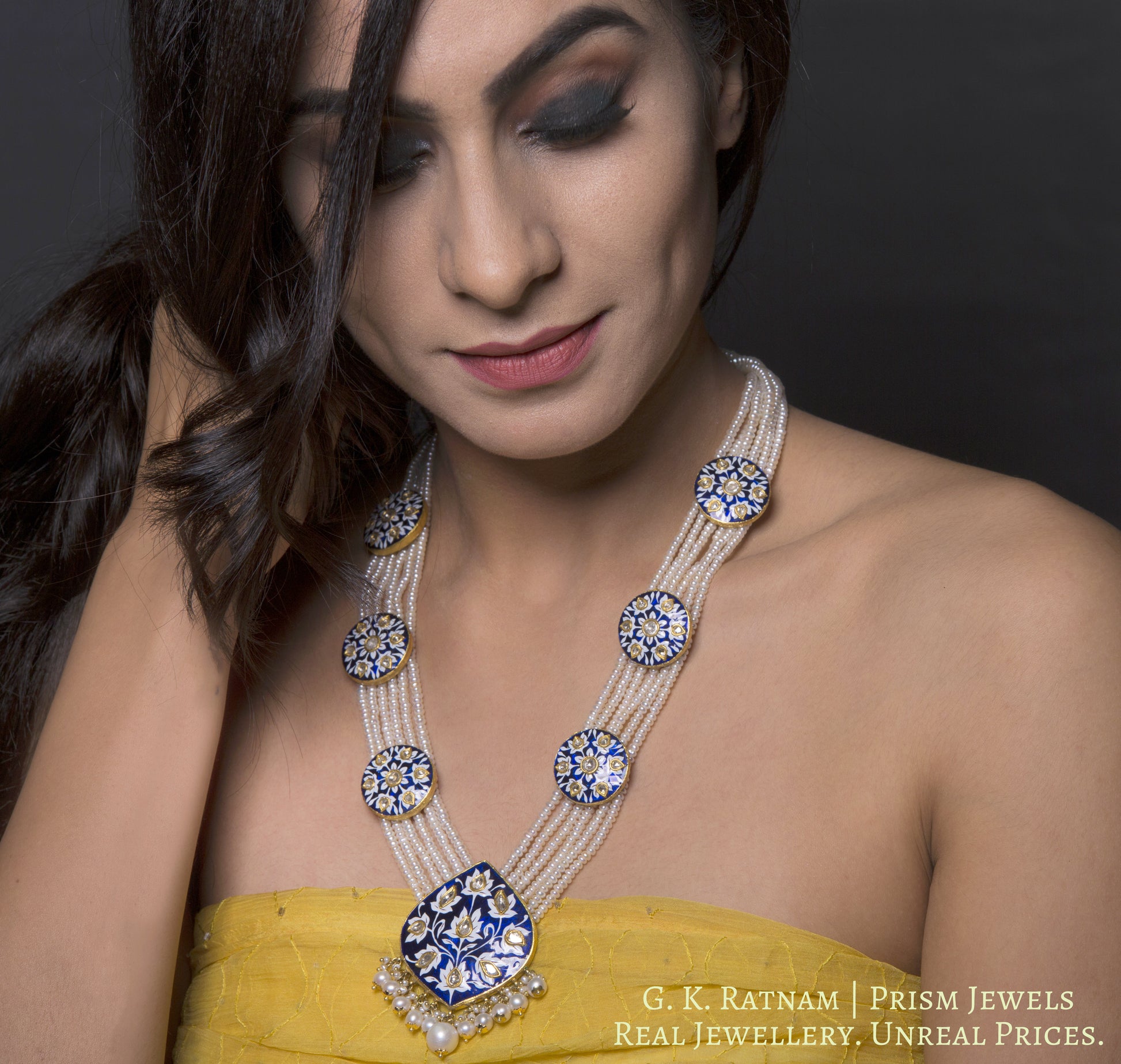 23k Gold and Diamond Polki Long Necklace Set with exquisite royal blue pottery - gold diamond polki kundan meena jadau jewellery