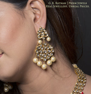 Traditional Gold and Diamond Polki three-line Necklace Set with south-sea-like pearls - G. K. Ratnam