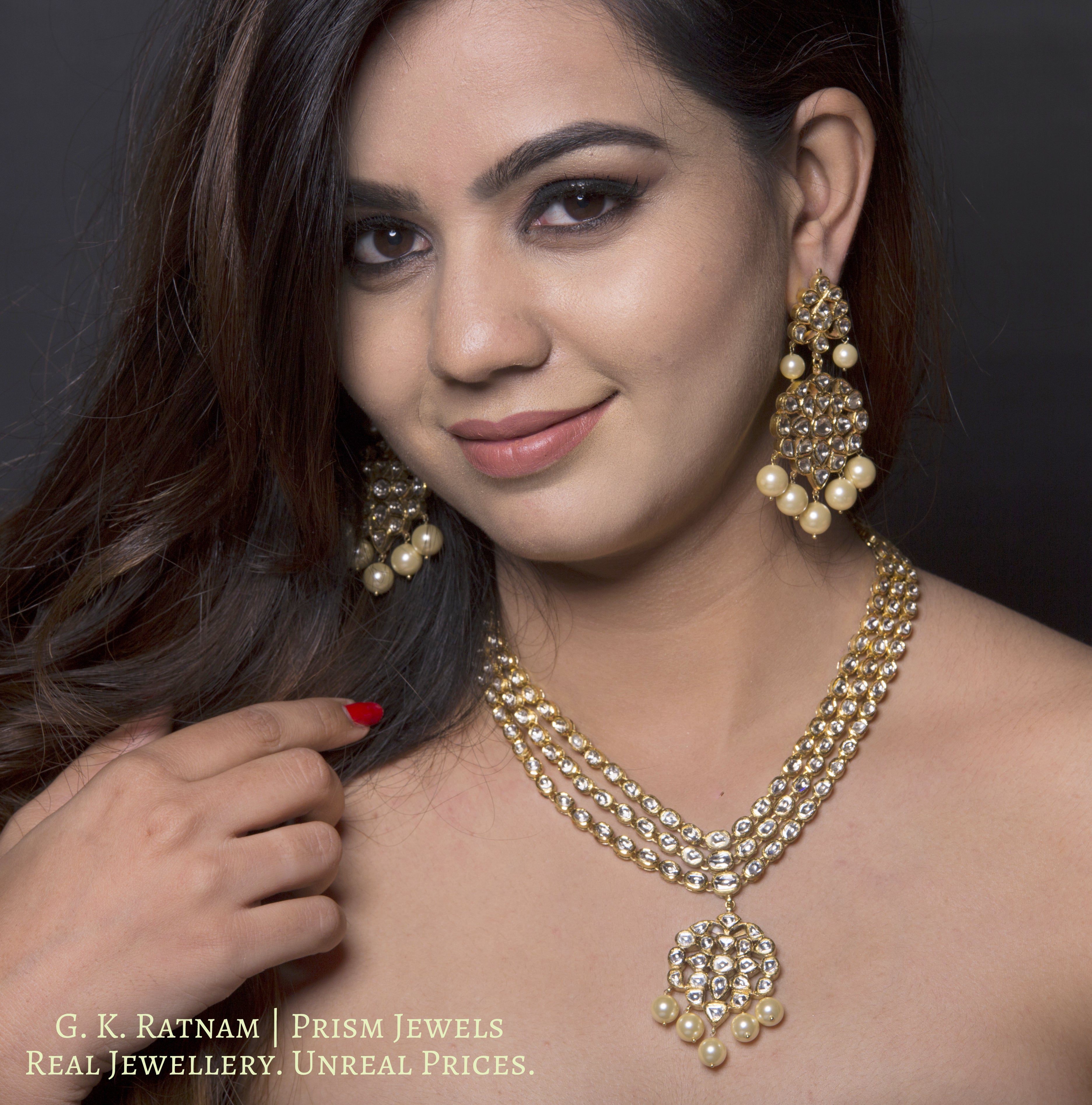 Traditional Gold and Diamond Polki three-line Necklace Set with south-sea-like pearls - G. K. Ratnam