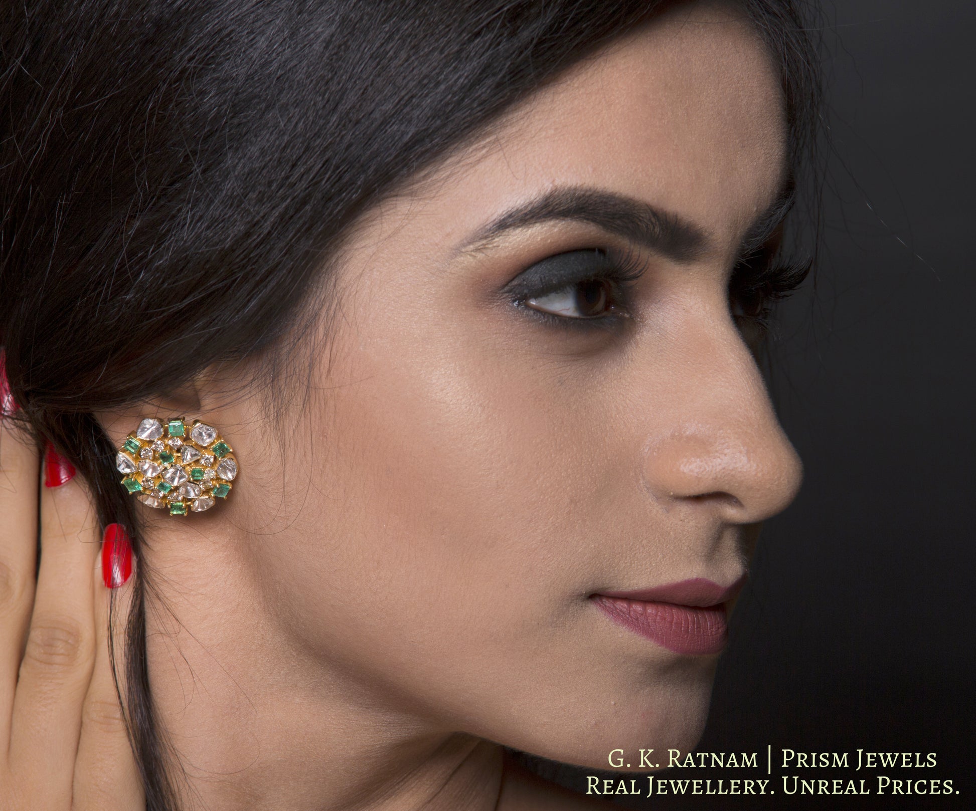 14k Gold and Diamond Polki Open Setting Karanphool Earring Pair with Natural Emerald Chawkis (squares) - gold diamond polki kundan meena jadau jewellery
