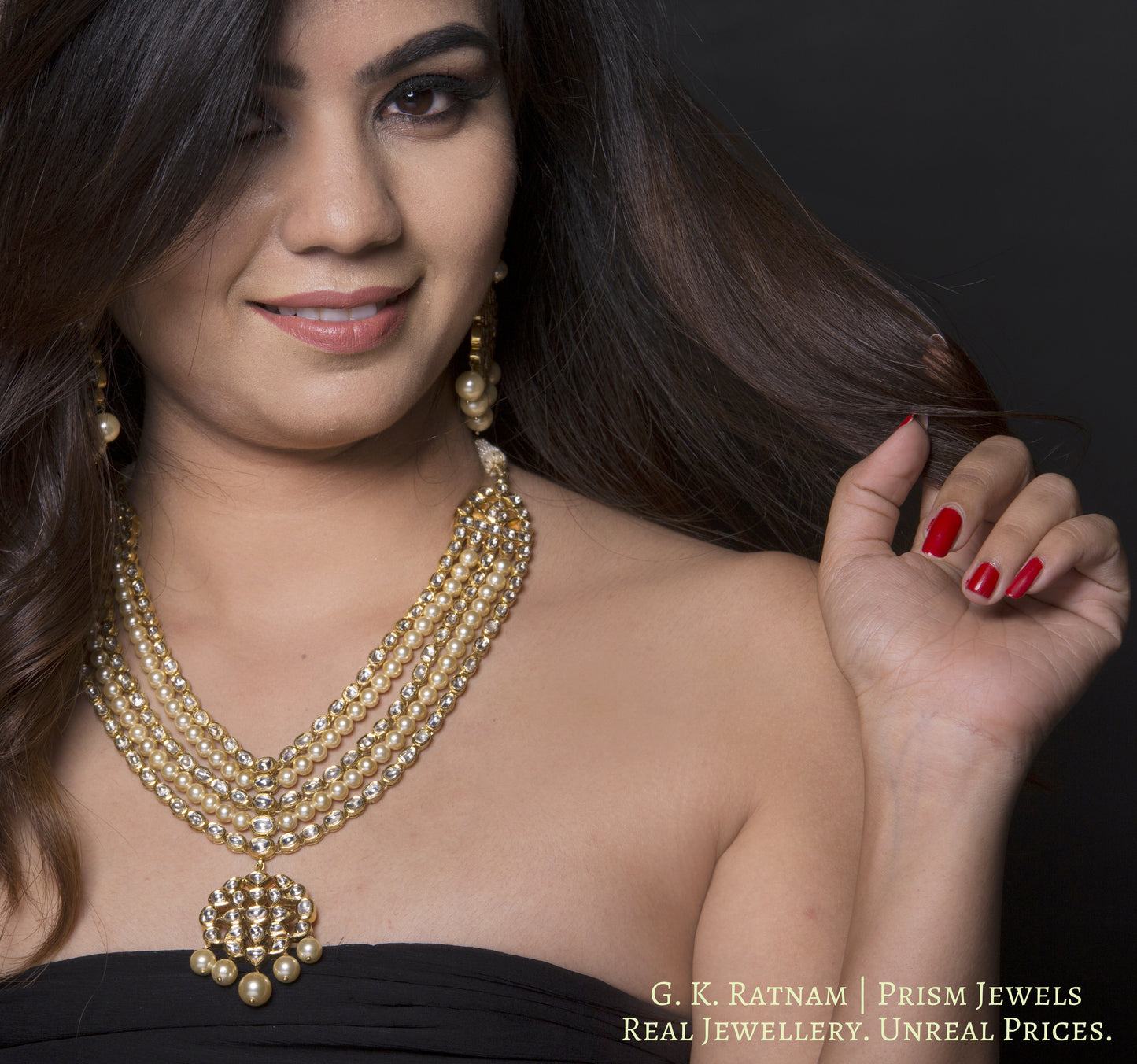 Traditional Gold and DIamond Polki Necklace Set with two lines of pearls interspersed in three lines of uncut diamonds - G. K. Ratnam
