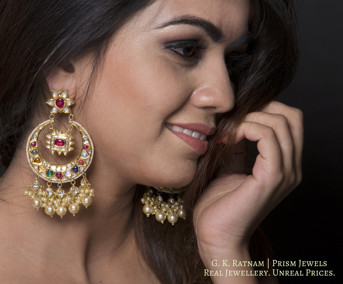 18k Gold and Diamond Polki Navratna Chand Bali Earring Pair strung with lustrous pearls - G. K. Ratnam