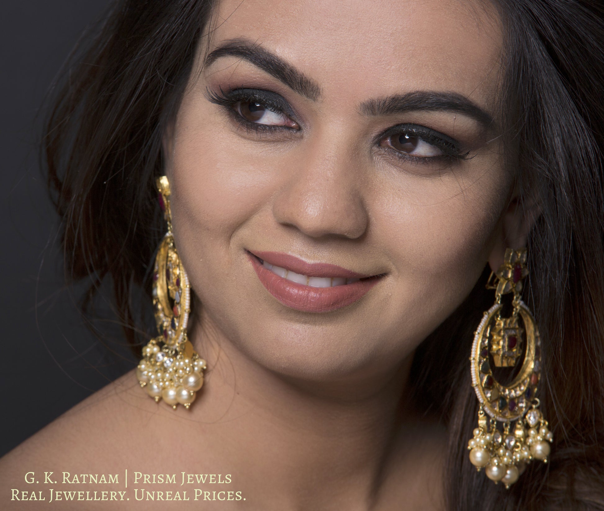 18k Gold and Diamond Polki Navratna Chand Bali Earring Pair strung with lustrous pearls - G. K. Ratnam