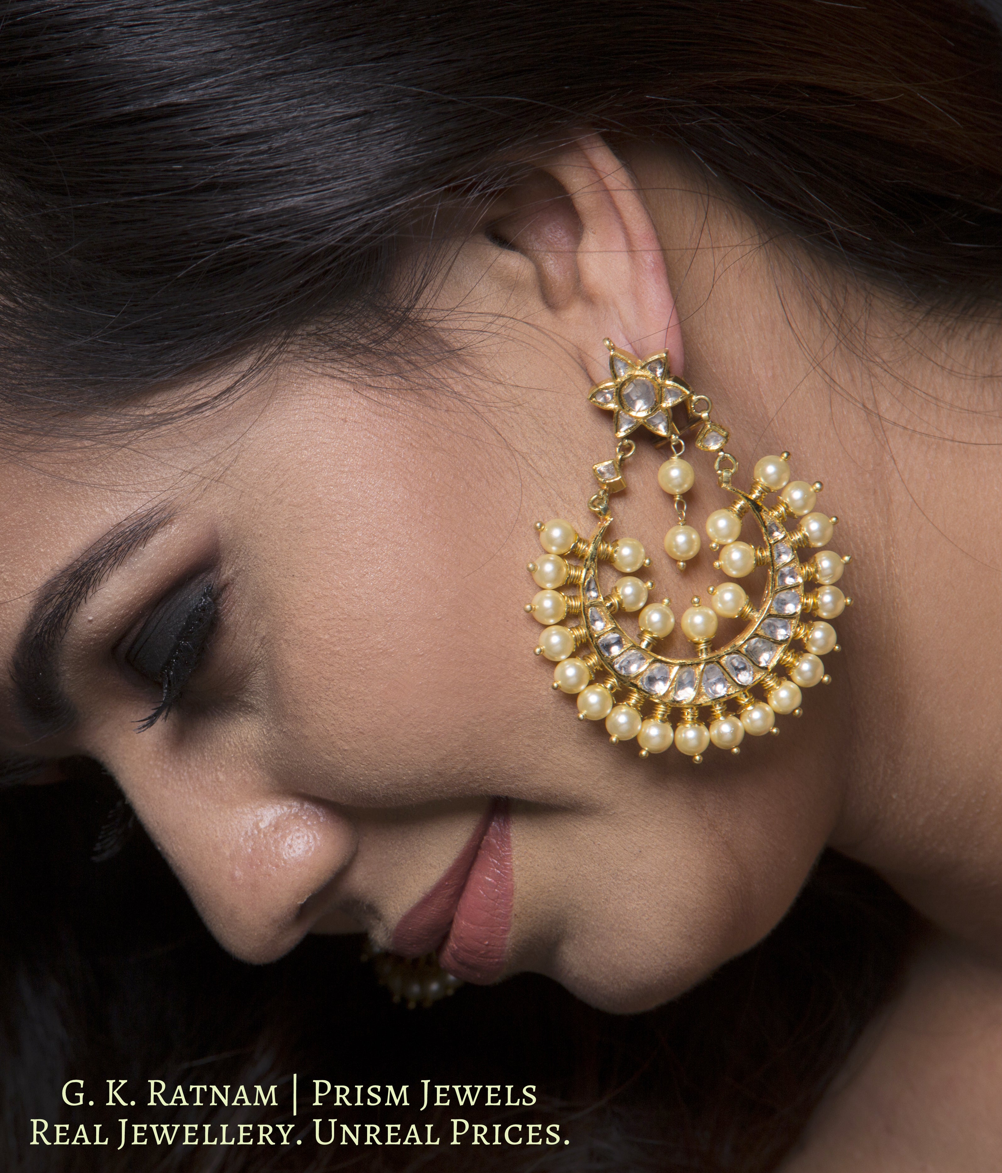 18k Gold and Diamond Polki Chand Bali Earrings with Pearls - G. K. Ratnam