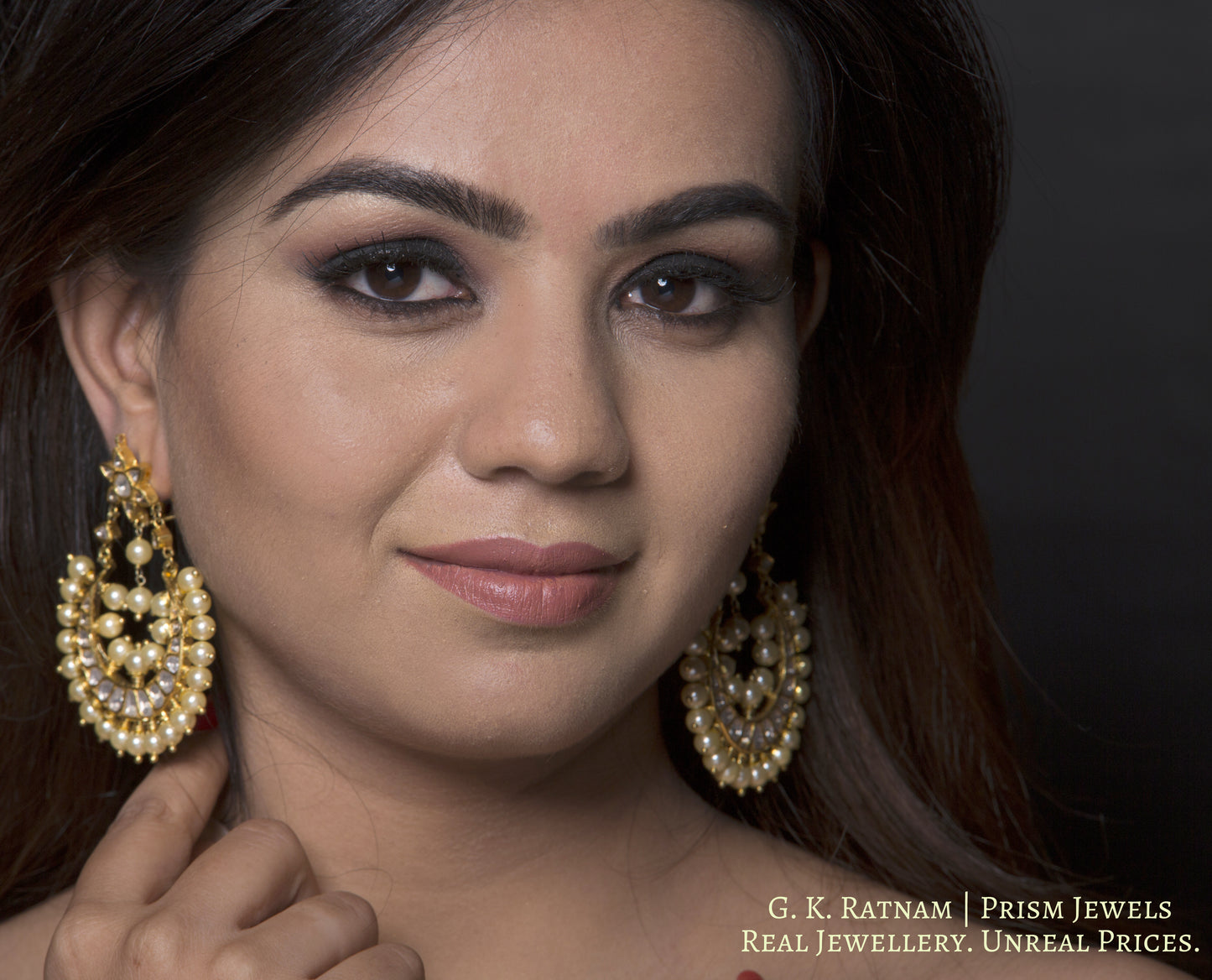 18k Gold and Diamond Polki Chand Bali Earrings with Pearls - G. K. Ratnam