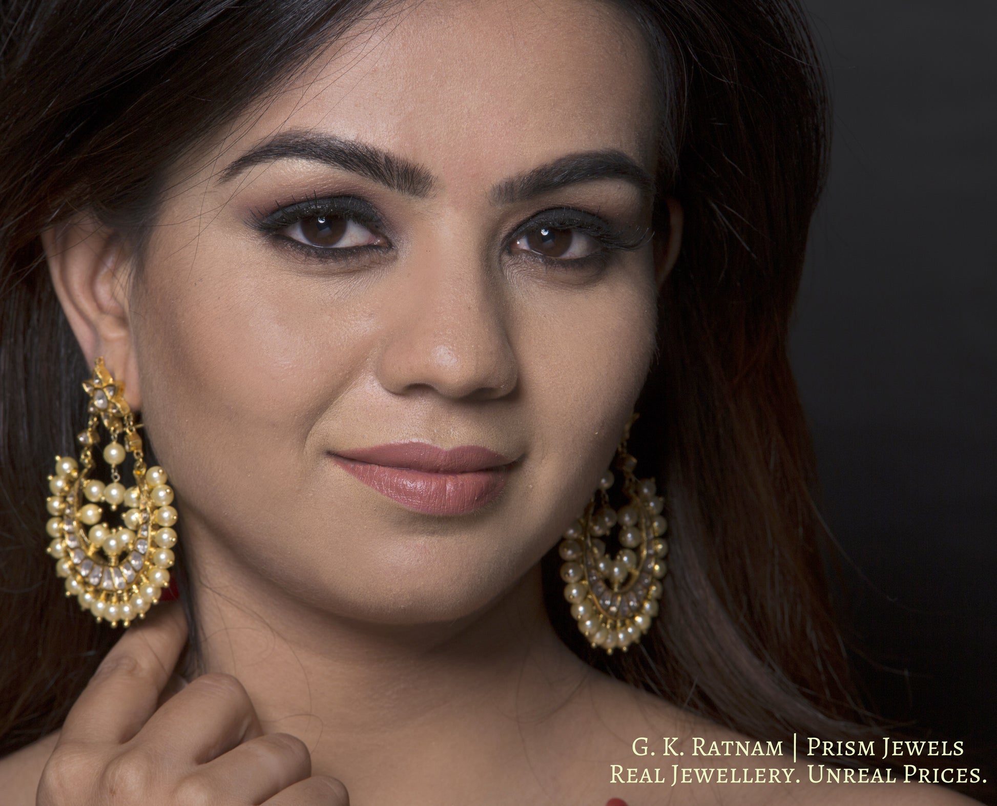 18k Gold and Diamond Polki Chand Bali Earrings with Pearls - G. K. Ratnam