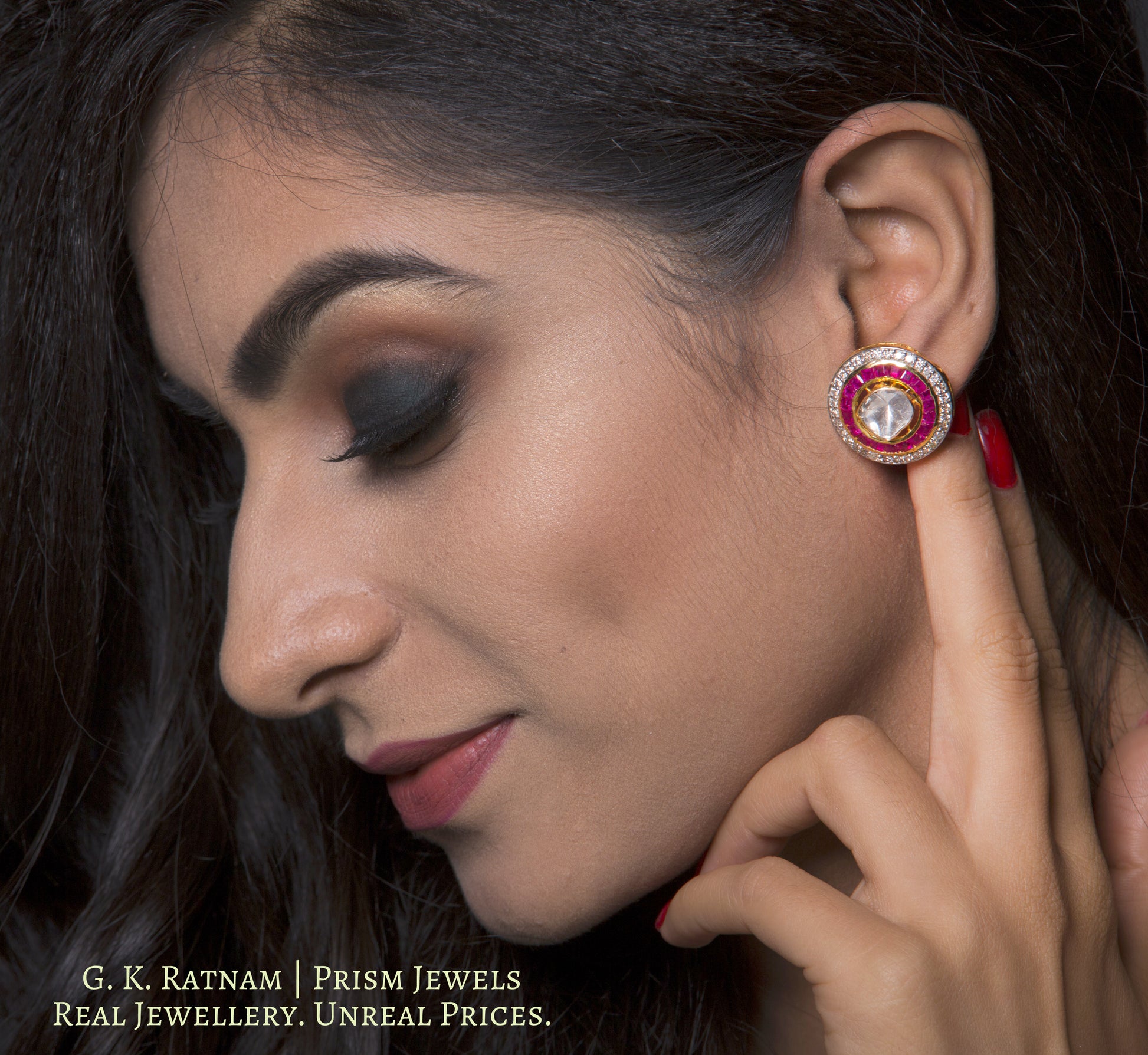 14k Gold and Diamond Polki Open Setting Tops / Studs Earring Pair with big uncuts encased in concentric ruby and diamond rims - gold diamond polki kundan meena jadau jewellery