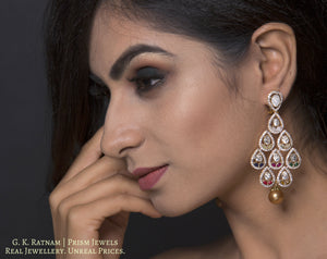 14k Gold and Diamond Polki Open Setting Long Earring Pair with Navratna Stones - gold diamond polki kundan meena jadau jewellery