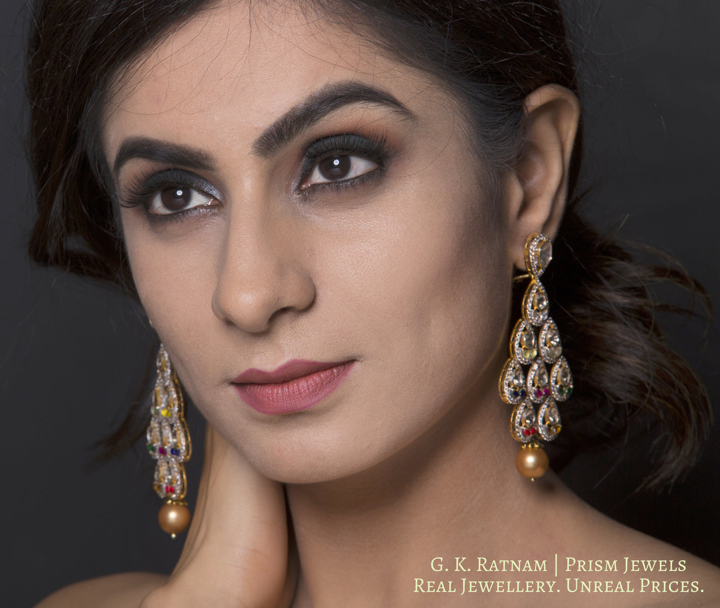 14k Gold and Diamond Polki Open Setting Long Earring Pair with Navratna Stones - gold diamond polki kundan meena jadau jewellery