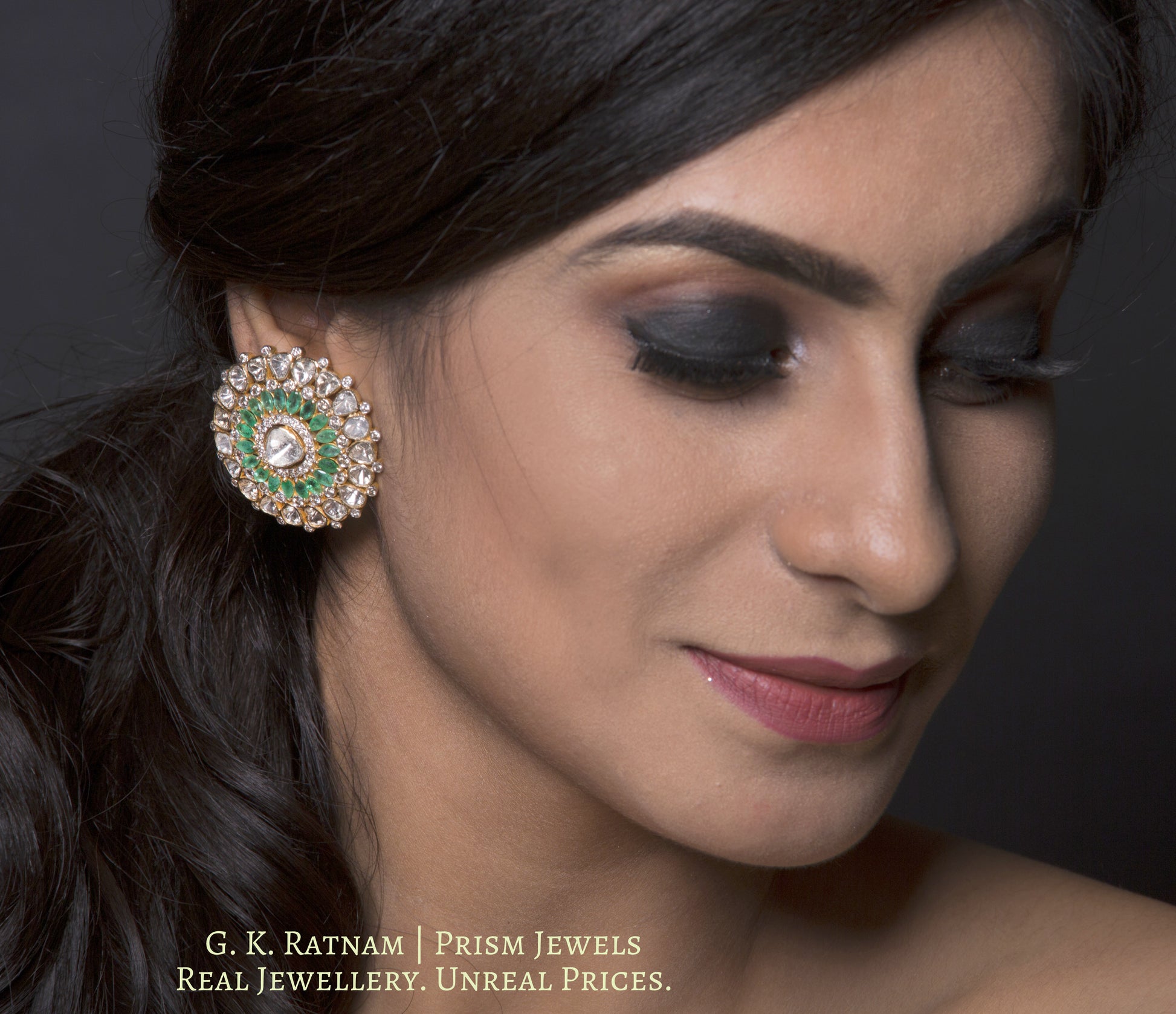 14k Gold and Diamond Polki Open Setting Karanphool Earring Pair with Natural Emerald marquises - gold diamond polki kundan meena jadau jewellery