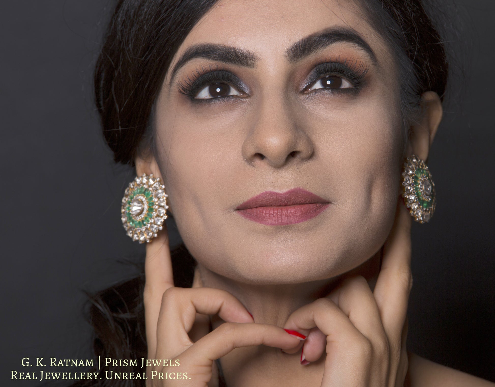 14k Gold and Diamond Polki Open Setting Karanphool Earring Pair with Natural Emerald marquises - gold diamond polki kundan meena jadau jewellery