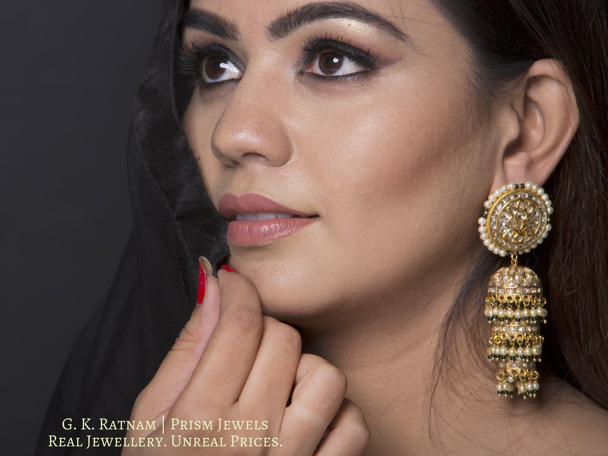 23k Gold and Diamond Polki three-tier Jhumki Earring Pair with pearls and a hint of green - G. K. Ratnam