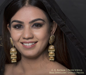 23k Gold and Diamond Polki three-tier Jhumki Earring Pair with pearls and a hint of green - G. K. Ratnam
