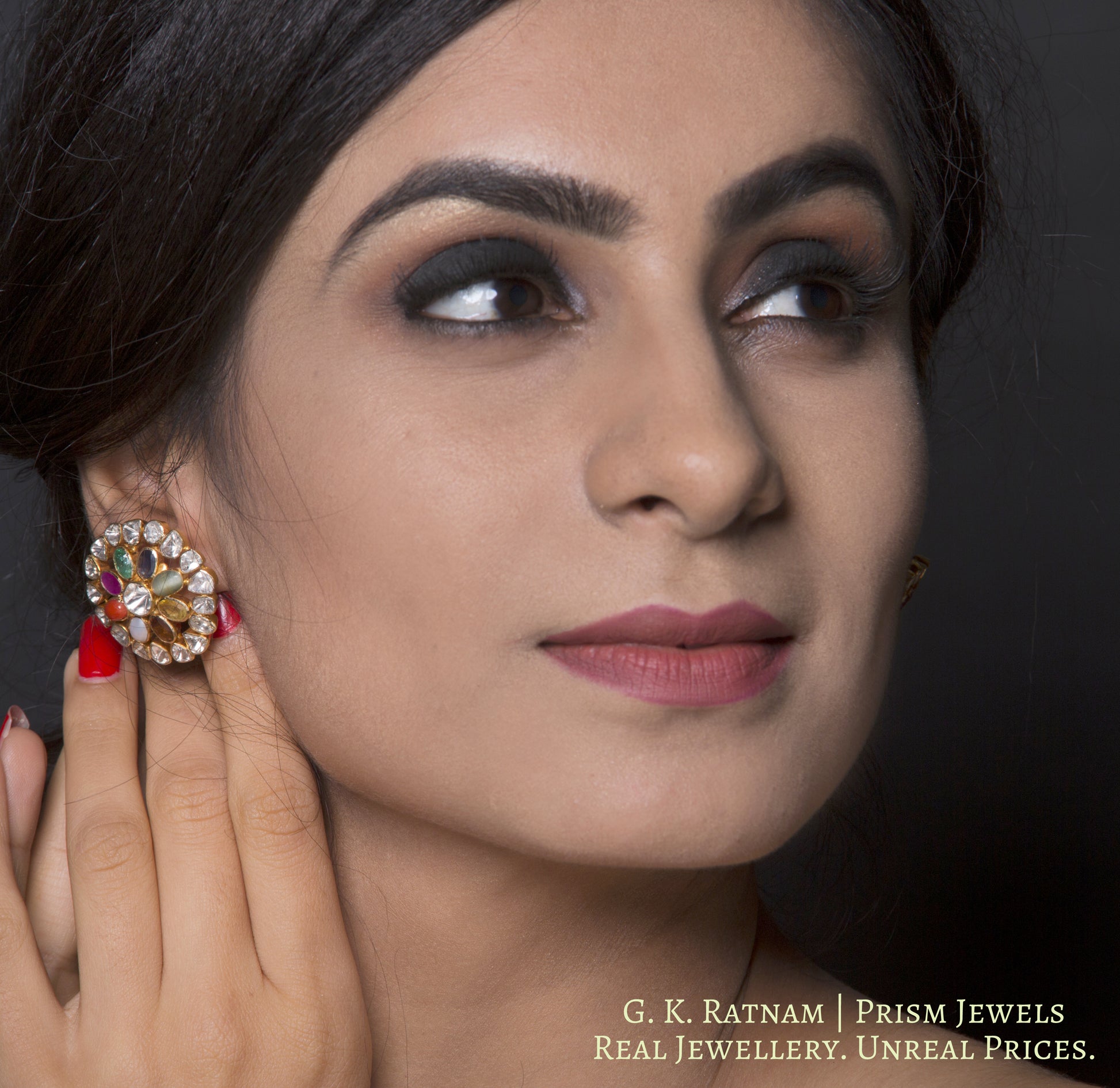 18k Gold and Diamond Polki Open Setting Navratna Karanphool Earring Pair - gold diamond polki kundan meena jadau jewellery