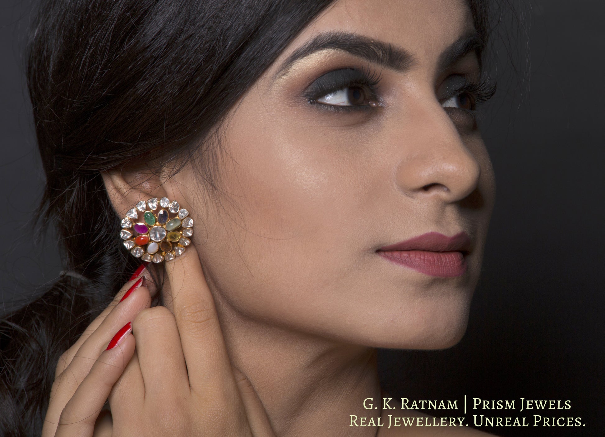 18k Gold and Diamond Polki Open Setting Navratna Karanphool Earring Pair - gold diamond polki kundan meena jadau jewellery