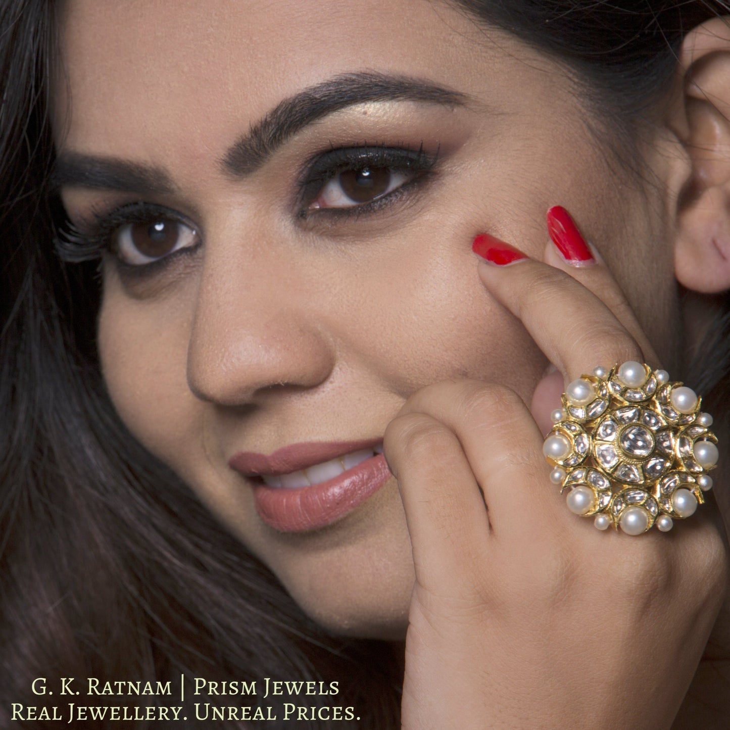 18k Gold and Diamond Polki Round Ring with Pearl Rimming - gold diamond polki kundan meena jadau jewellery