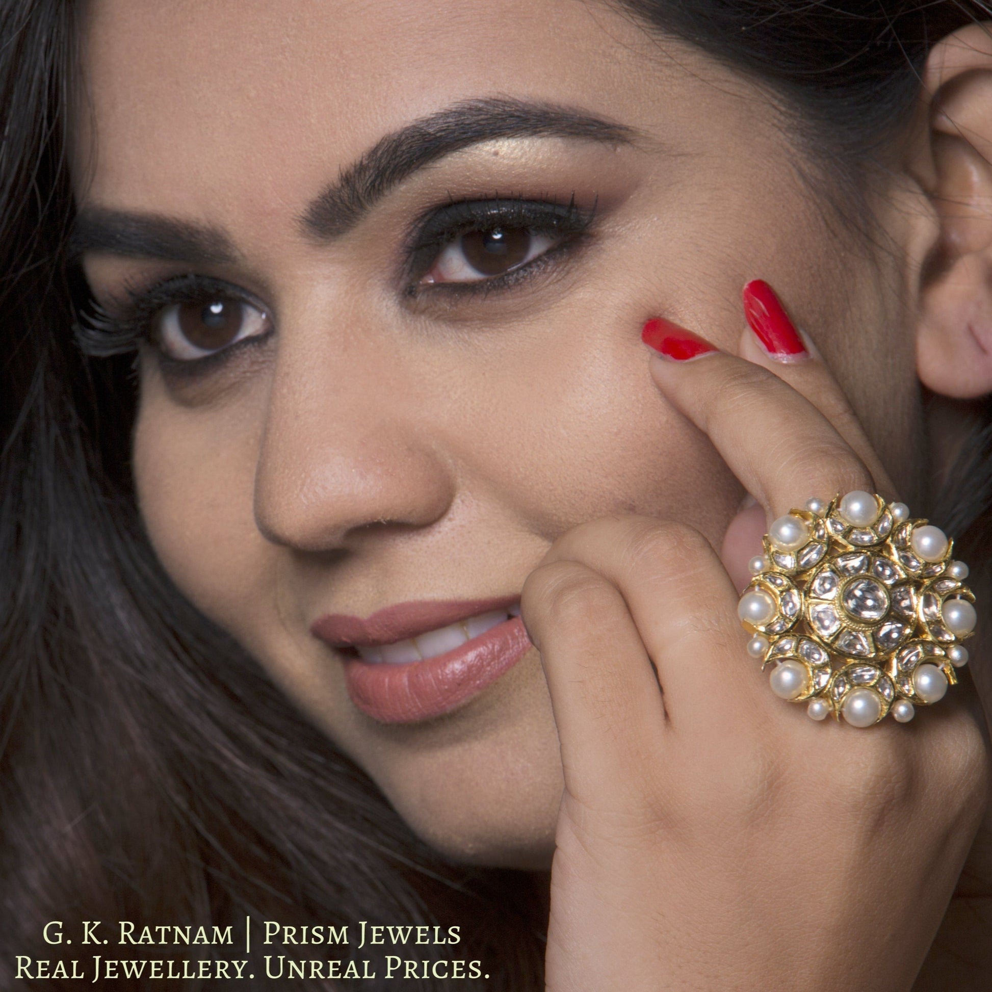 18k Gold and Diamond Polki Round Ring with Pearl Rimming - gold diamond polki kundan meena jadau jewellery