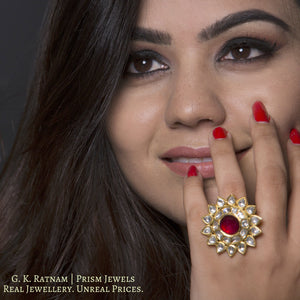 18k Gold and Diamond Polki star-shaped Cocktail Ring with ruby-red center - G. K. Ratnam