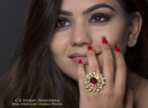 18k Gold and Diamond Polki star-shaped Cocktail Ring with ruby-red center - G. K. Ratnam