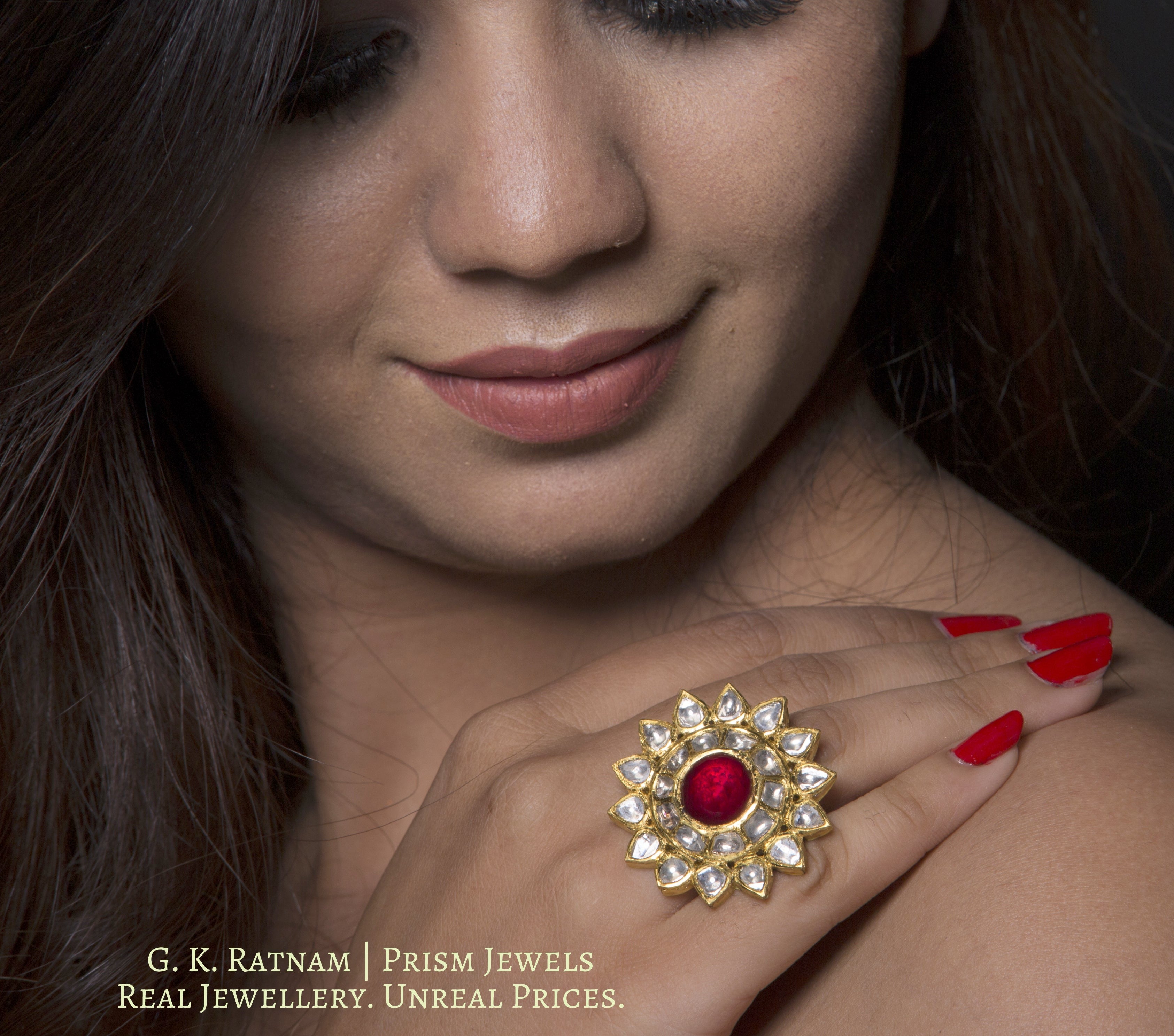 18k Gold and Diamond Polki star-shaped Cocktail Ring with ruby-red center - G. K. Ratnam