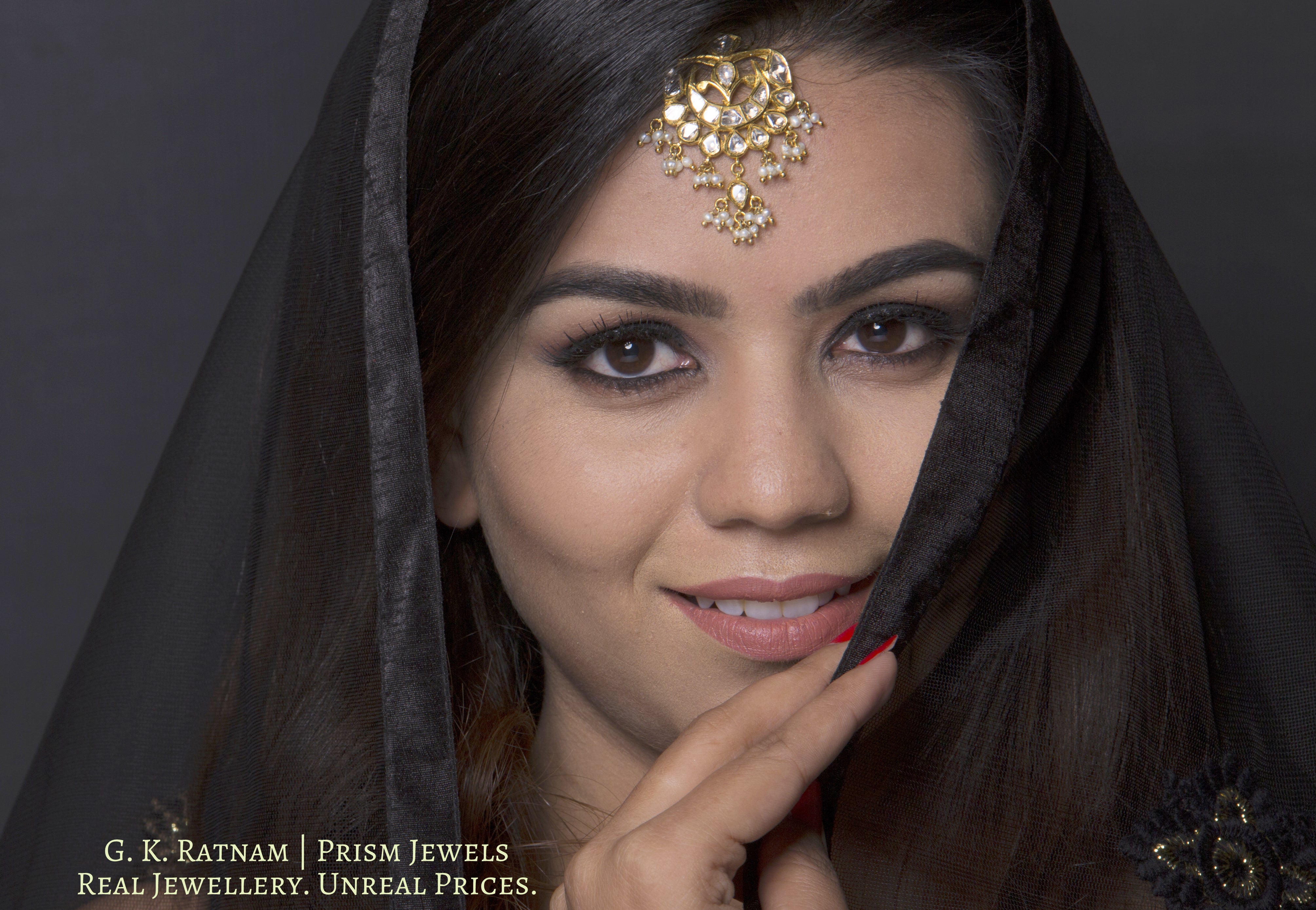 18k Gold and Diamond Polki Maang Tika with Natural Hyderabadi Pearl clusters - G. K. Ratnam