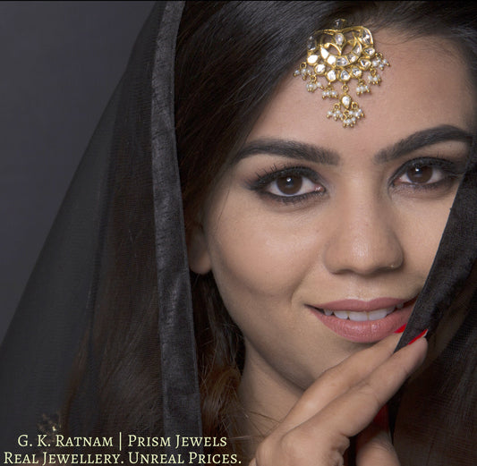 18k Gold and Diamond Polki Maang Tika with Natural Hyderabadi Pearl clusters - G. K. Ratnam