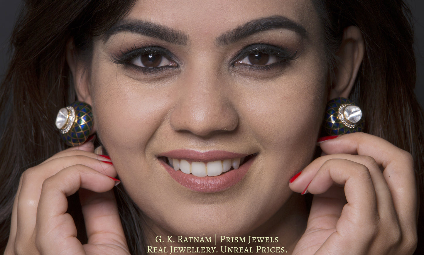 14k Gold and Diamond Polki Open Setting Tops / Studs Earring Pair with a vibrantly enamelled detachable disc - gold diamond polki kundan meena jadau jewellery